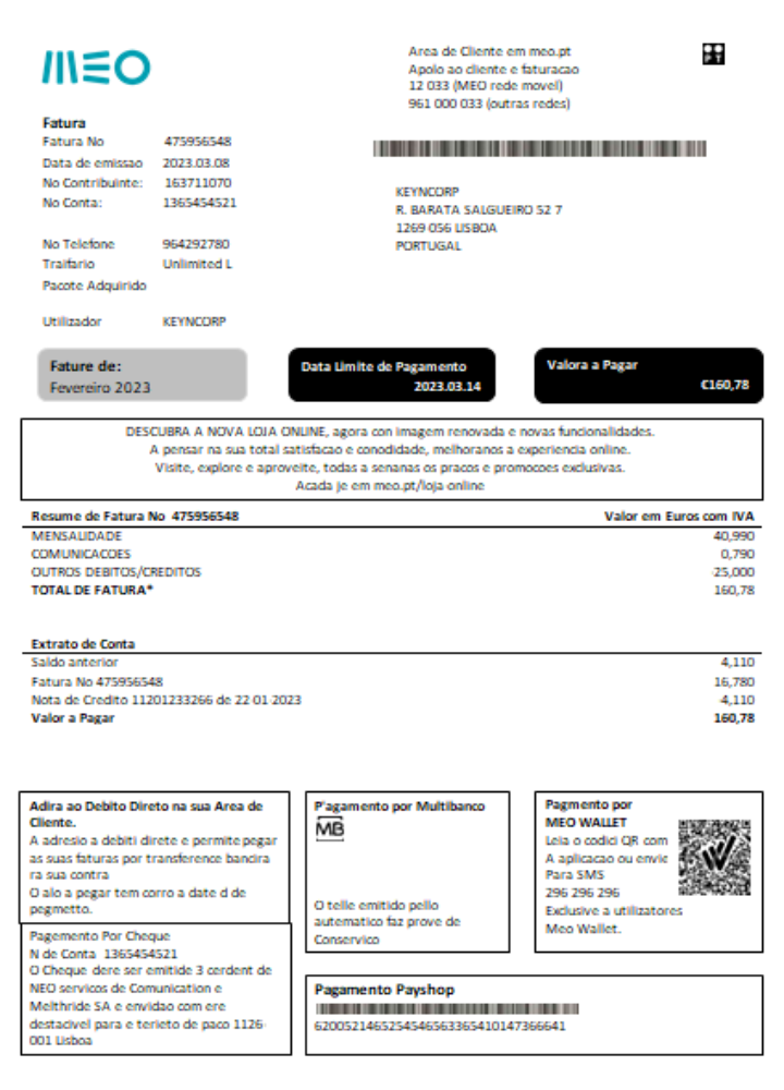 MEO utility business bill,  SCR PSD template